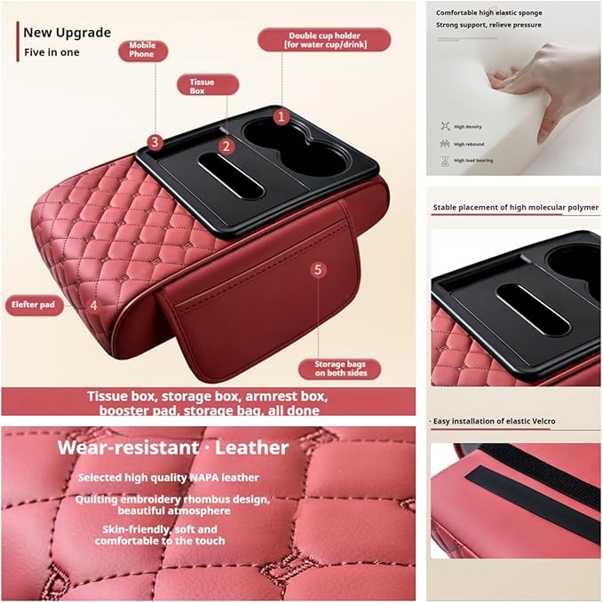 Center Console Cover Organizer, 5-In-1 Arm Rest Cover for Car with Cup Holder & Storage Pocket & Tissue Holder, Armrest Cover Cushion Pad, Grid, Brown