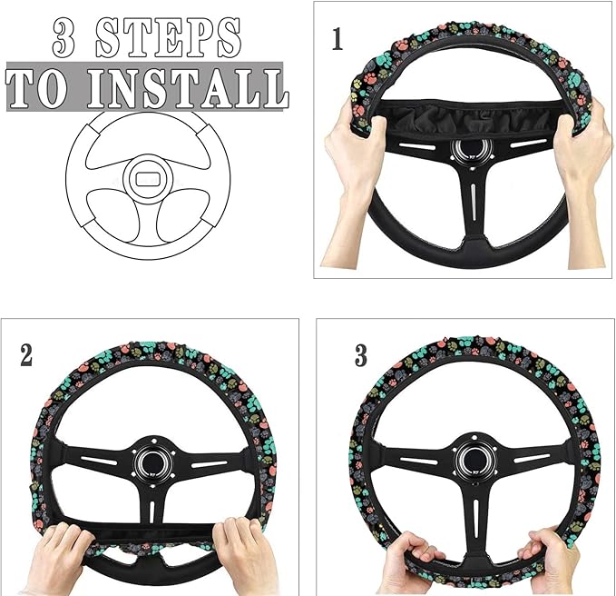 AFPANQZ Puppy Paws Print Steering Wheel Protection Stretch-on Fabric Machine Washable Women Men Neoprene Automotive Steering Wheel Covers Sweat Absorption Comfort Grip for Driver Black Colorful