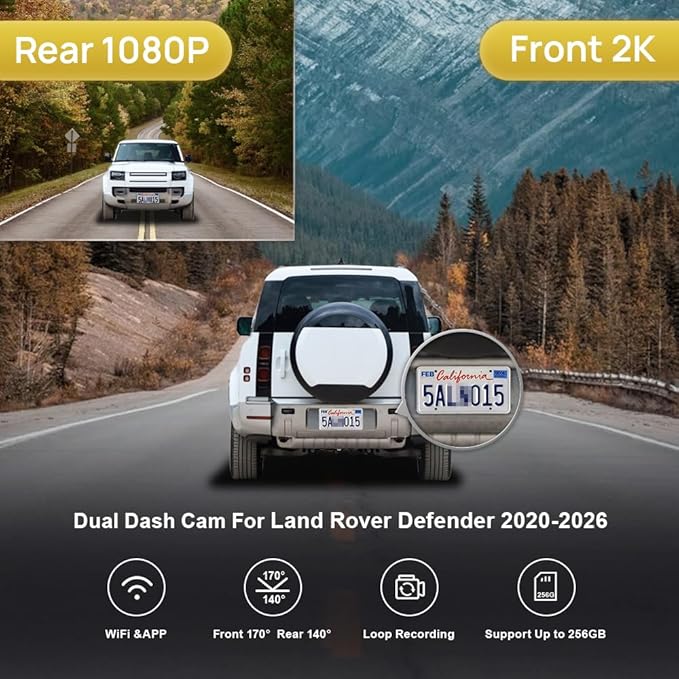 Fitcamx Front 2K+Rear 1080P Dash Cam Adapts for Land Rover Defender 90 110 130 2020-2026 (L663), OEM Style, 2 Channel HD Video, Built-in WiFi & APP, Loop Recording, G-Sensor, Easy to Use, 64GB Card