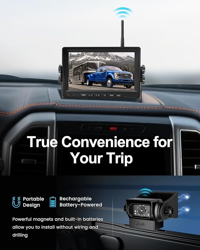 EWAY Wireless WiFi Magnetic Backup Camera 7" IPS Monitor HD 1080P Rechargeable Battery No Wiring - Rear View Reverse Monitoring Hitch Camera for Car Truck Pickup RV Camper 5th Wheel Horse Boat Trailer