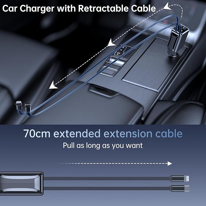 4 in 1 Retractable Car Charger, 69W Fast Charging USB C Car Charger with 2 Built-in Cables & Dual Ports, Multi Port Car Phone Charger Adapter for iPhone 17/16/15, Tablets, Android