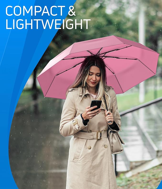 Rain-Mate Windproof Compact Umbrellas for Rain - Strong Reinforced Fiberglass Rib Design & Auto Open & Close - Portable Folding Travel Umbrella - Lightweight & Packable for Women & Men, Easy Collapse