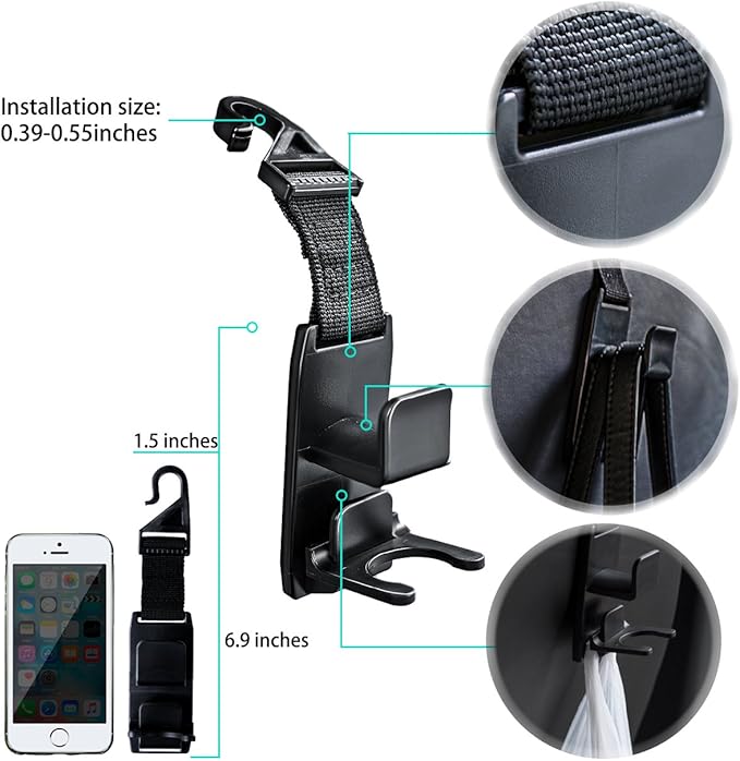 Magic Headrest Hooks for Car, Purse Hanger Headrest Hook Holder for Car Seat Organizer Behind Over the Seat Car Hooks-Hang Purse or Grocery Bags,Black,4Pack
