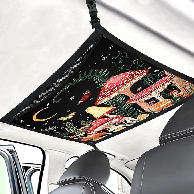 Mushroom Galaxy Car Storage Mesh Organizer Ceiling Cargo Net Double-Layer Adjustable Zipper Truck SUVs Travel Road Trip Essentials etc. Interior Organizer