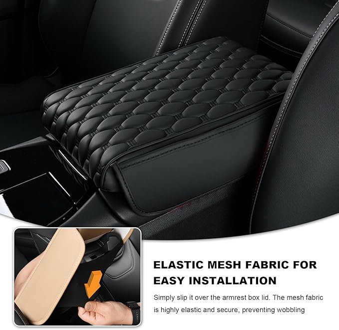 Car Armrest Cushion, Memory Foam Auto Arm Rest Box Protector with 2 Storage Bags, Waterproof Leather Center Console Cover Universal for Most Vehicles, Car Accessories (Black)