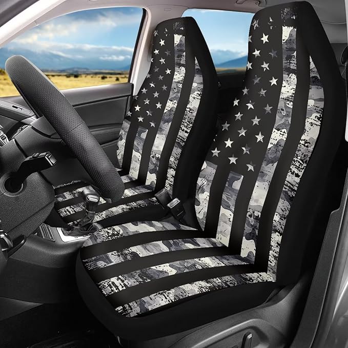 ELEQIN Squirrel Front Car Seat Covers 2pcs, Black Camo US Flag Automotive Seat Covers Car Accessories Universal Size Fit for Most Cars,SUVs&Trucks&Vans