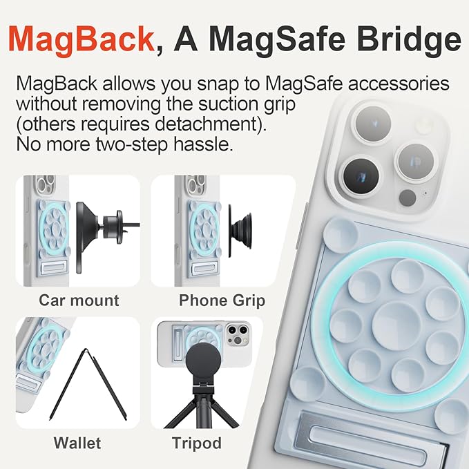 SEMBO Silicone Suction Phone Case Adhesive Sticky Grip Stand with Mag-Back for MagSafe Car/Wall Mounts, Strong Magnetic Holder for Fridge, Gym Equipment, Shower, Hands-Free Selfie (Blue, Magnetic)