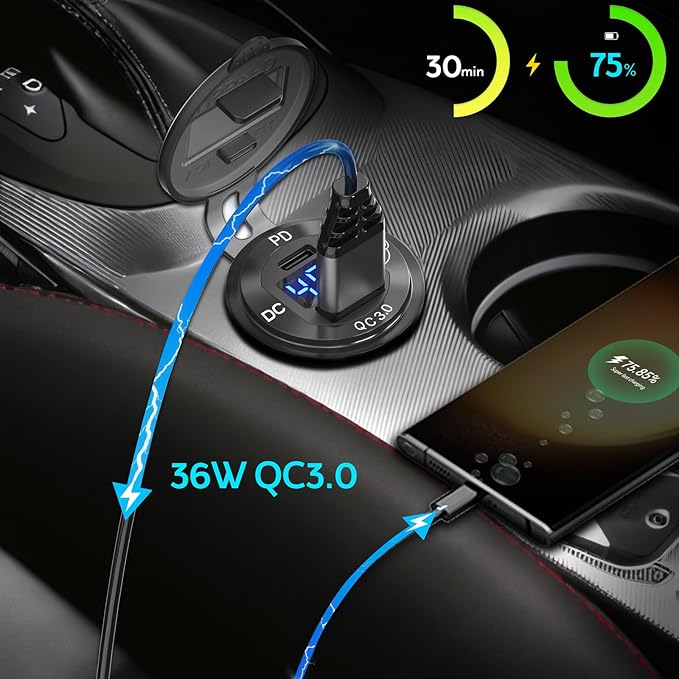 High Voltage USB Outlet 12V 24V 36V 48V 60V Aluminum Car Charger Socket, PD 30W USB C and QC 36W Car USB Port Waterproof Cigarette Lighter Power Adapter DIY Kit with Button Switch for Ship Truck, etc.