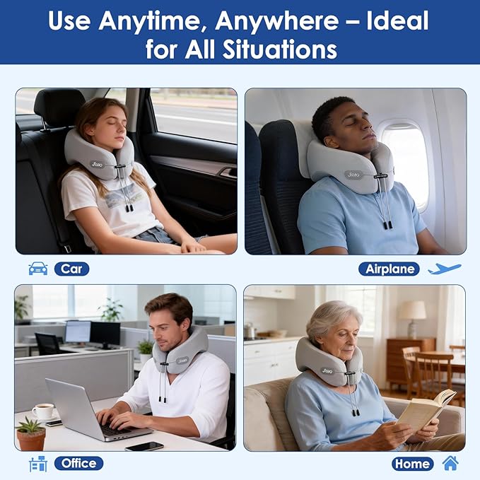 jiaao Travel Pillow Memory Foam Neck Support, Comfortable Airplane Neck Pillow with Adjustable Drawstring for Planes, Cars, Trains, and Long Journeys