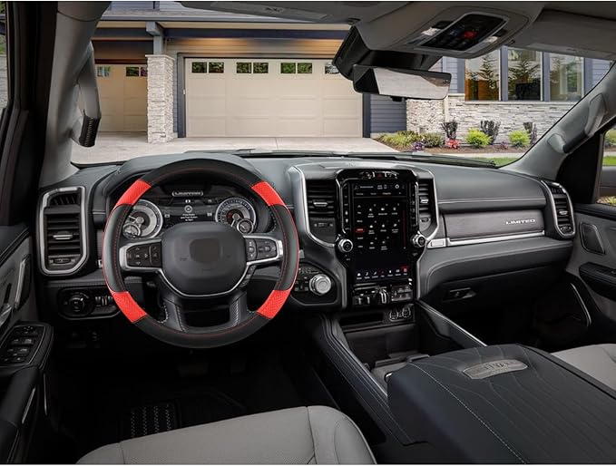 GIANT PANDA Car Steering Wheel Cover for Dodge Ram 1500 2500 3500 15.5-16 inches - Black+Red