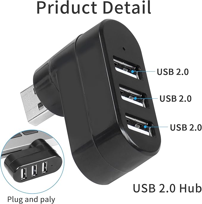 USB 3 Port Expander Splitter YACSEJAO 2PCS 180° Degree Rotatable USB 2.0 1 to 3 Hub for Flash Drive Mobile HDD PC Laptop Notebook and More