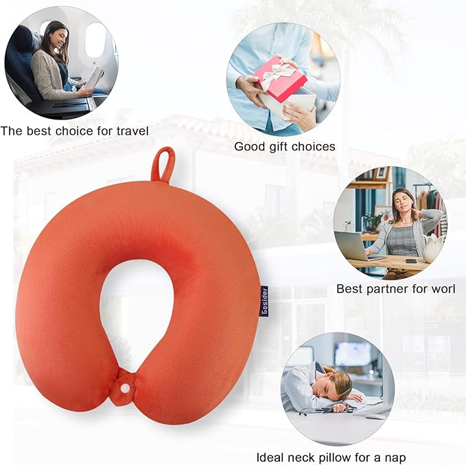 Orange Memory Foam Velvet Travel Neck Pillow for Airplane Car Train