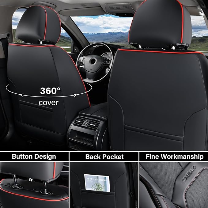 Coverado Car Seat Covers Front Seats, Waterproof Leather Seat Covers for Cars, Luxury Car Seat Covers with Lumbar Support, Car Seat Protector Driver Seat Covers Universal Fit Most Cars (Black&Red)