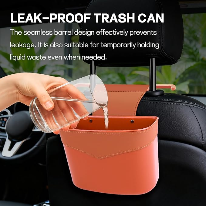 Car Trash Can for Seat Headrest, Mini Automotive Front Back Seat Garbage Can, Leakproof Vehicle Hanging Trash Cans, Multi-purpose Auto Garbage Bin & Storage Organizer, Car Accessories (Orange)