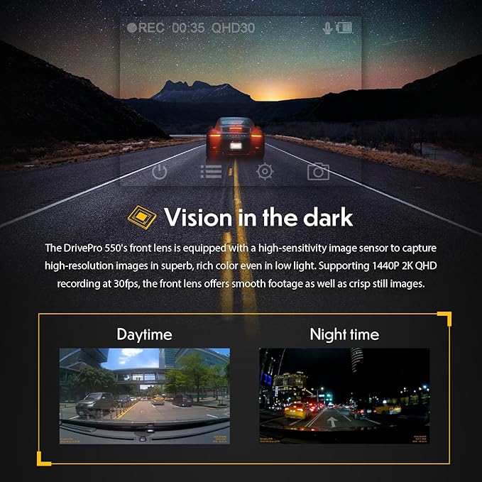 Transcend DrivePro Dash Cam Front and Rear, 2K QHD 1440P+1080P Full HD Car Cam/140°Wide-Angle/180°Rotatable Rear Lens/Night Vision Loop Recording/Head-Up Display/Wi-Fi/GPS GLONASS/ADAS/Support 1TB Max