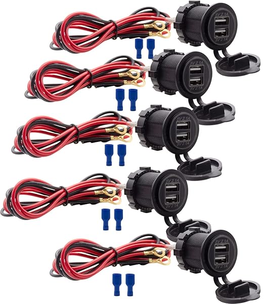 [5 Pack] 12V USB Outlet, Dual USB Quick Charger Socket Waterproof Power Outlet 12V/24V 2.1A & 2.1A for Car Golf Cart Boat Marine Bus Truck RV Marine Motorcycle, Blue LED