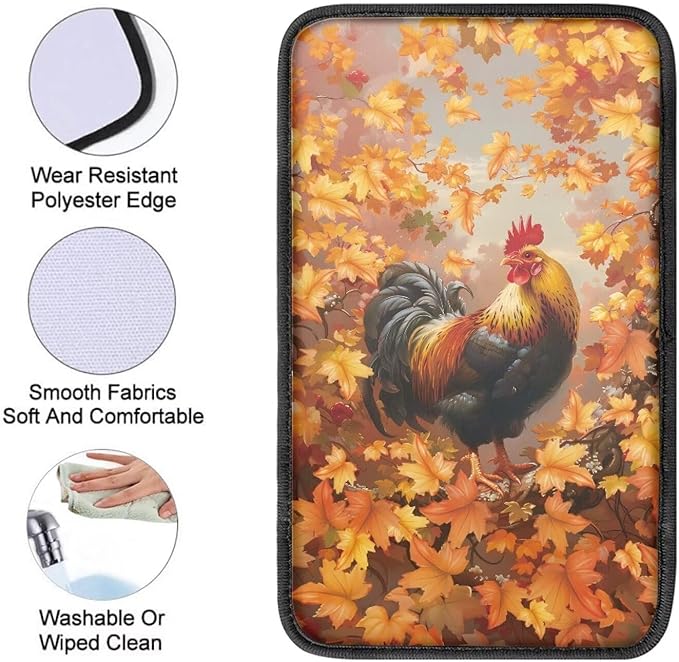 Suobstales Rooster Chicken Maple Leaves Print Car Armrest Pad Thanksgiving Decoration Soft Center Console Arm Rest Protector Cover Universal Car Interior Accessories Decoration
