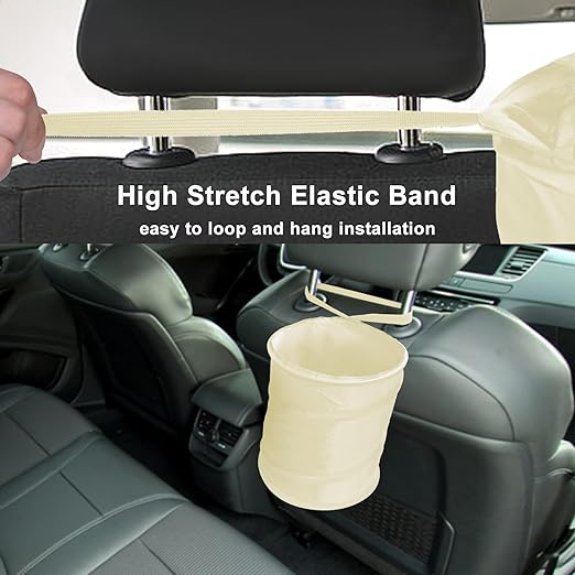 Car Trash Can, 2 Packs Mini Collapsible Car Trash Bin for Front Back Seat, Pop up Car Garbage Can, Portable Car Trash Bag Hanging for Vehicle SUV Rv Truck Accessories Interior, Beige