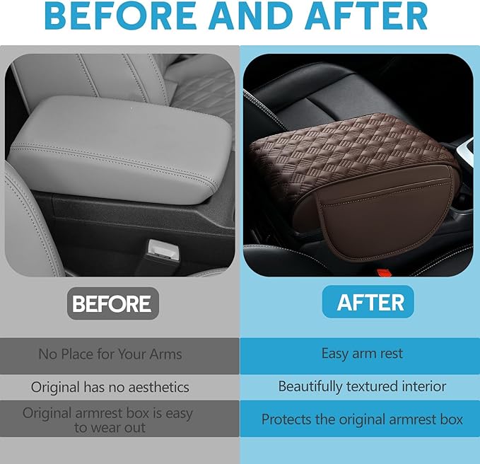 wuyaoyao Car Center Console Cover, 12.2"×8.27"×1.97" Leather Center Console Protector, Auto Armrest Pad with 2 Storage Pocket, Universal Armrest Cover Cushion for Most Cars, Trucks, SUVs (Coffee)