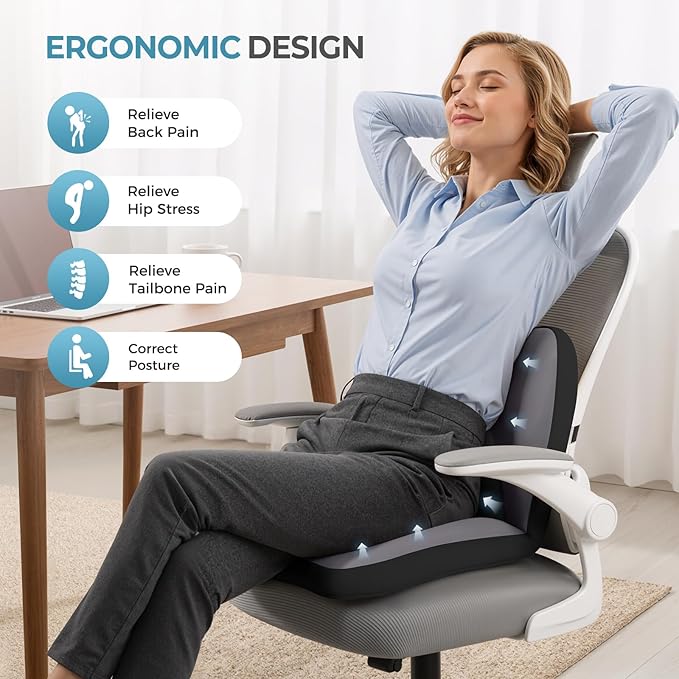 FLORICH 2 in1 Truck Seat Cushion and Lumbar Support Pillow Memory Foam Car Seat Cushion with Adjustable Strap for Truck Driver Long Drives, Fits Semi Truck Seat,Car,Office&Gaming Chair(Black)