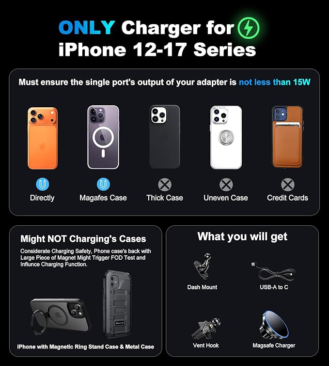 BHHB for iPhone 17 Magsafe Car Mount Charger, [2026 New] 15W 2in1 Magnetic Wireless Car Charger, fits for Magsafe Car Charger, Vent/Dashboard Phone Holder Mount for iPhone 17 16 15 14 13 12 Series