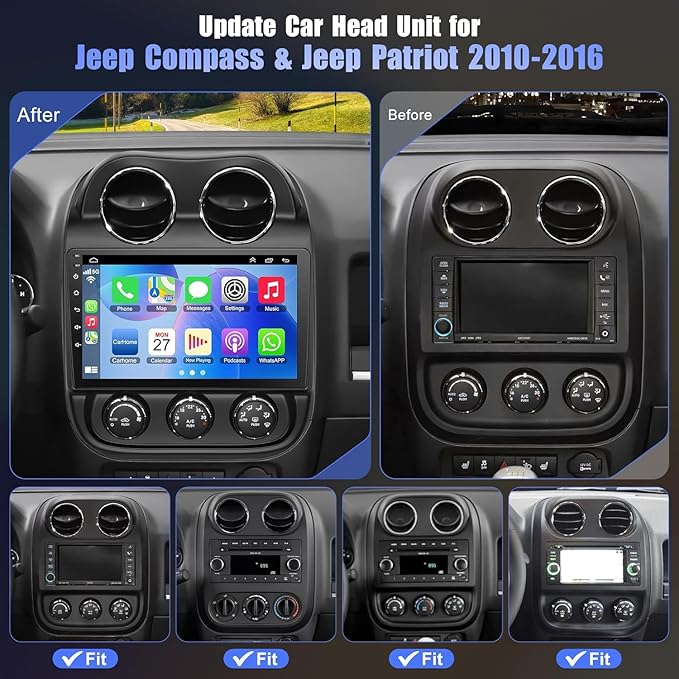 8 Core +64GB Car Radio for Jeep Compass Patriot 2010-2016,10.2 Inch QLED Touchscreen with Carplay&Android Auto,Support Bluetooth,Back-up Camera,FM Radio,SWC,GPS Navigation