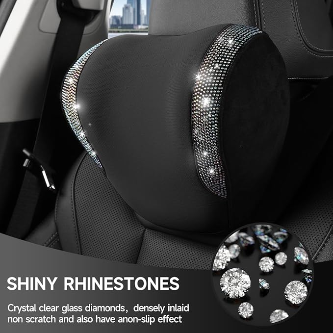 2 Pack Diamond Car Neck Pillow for Women, Memory Foam Neck Pillow for Chair for Lower Back Pain Relief, Car Headrest Pillow with Adjustable Strap, Comfort Softness Neck Support Pillow(Black)