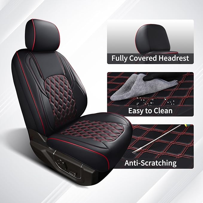 Huidasource Tacoma Seat Cover Front & Rear, Full Coverage Waterproof Leather Custom Cover Fit for 2016-2023 Double & Crew Cab Toyota Tacoma SR SR5 Limited TRD Sport/Pro/Off Road (Full Set/Black&Red)