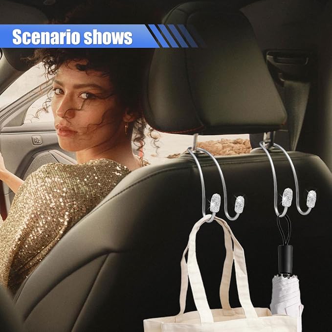 2PCS Car Headrest Hook Hangers, Bling Stainless Steel Car Backseat Holder, Strong Car Headrest Storage Hooks, Universal Car Organizers Accessories for Coats Umbrellas Grocery Handbags (White)