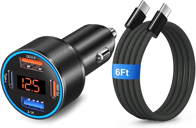 65W 4-Port Super Fast Type C Car Charger USB C for Samsung S26/S25/S24/S23/S22 Ultra/A17/A16/Z Fold/Flip Android Car Phone Adapter 12v Cigarette Lighter Plug with Voltage Display+6FT USB C Cable