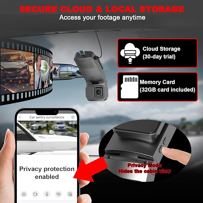4G LTE Dash Cam with Live Streaming, Car Vandalism Surveillance Security Camera with Dual 155° Front & 180° Inside Camera, GPS Tracking, Radar Detect, G-Sensor, OBD II, 24/7 Parking Monitor
