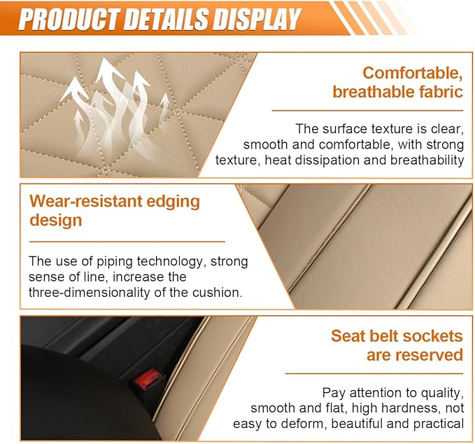 Luxury Faux Leather Car Seat Cover, Anti-Slip Waterproof Universal Front Bottom Seat Protector with Storage Pocket, Triangular Pattern Vehicle Seats Cushion for Sedans, SUVs, Trucks (Beige)