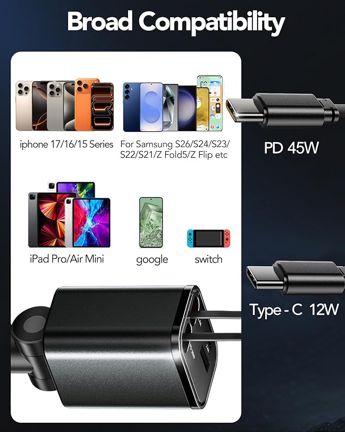 84W Upgraded Retractable Car Charger Adapter for iPhone 17,4 in 1 Fast Charging Car Phone Charger,USB C Car Truck Accessories,Road Trip Essentials Gift for Men for iPhone 17/16/15,Galaxy S26,Pixel 10