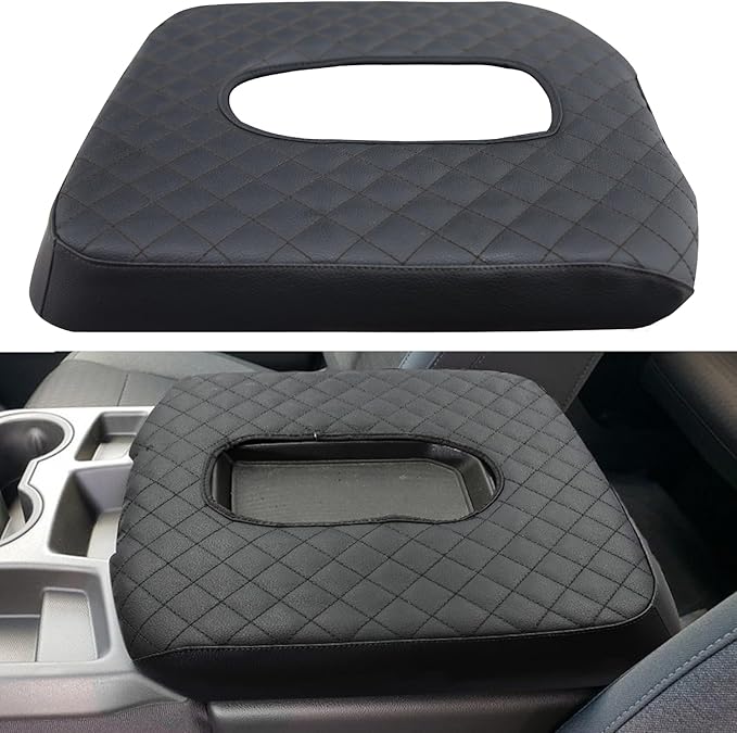 Center Console Armrest Cover for Chevy Silverado/GMC Sierra Accessories 2019-2024 2025 Arm Rest Box Leather Protective Case Middle Console Lid Cushion Pad Only for Jump Seat (Black Stitches)