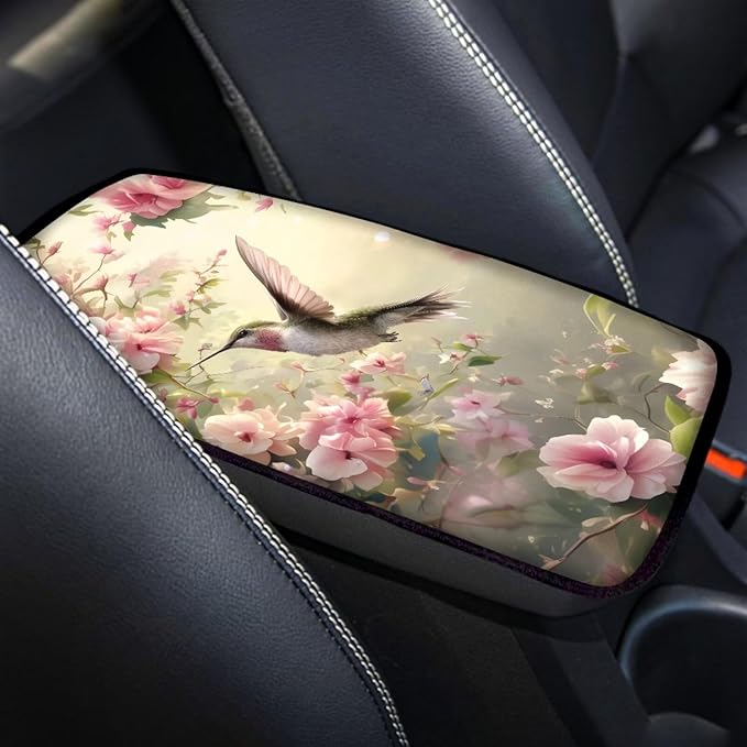 Flower Hummingbird Armrest Cover Pad for Car Soft Car Center Console Cushion Pad, Protect from Pet Claws, Sticky Fingers, Hummingbird Automotive Accessories