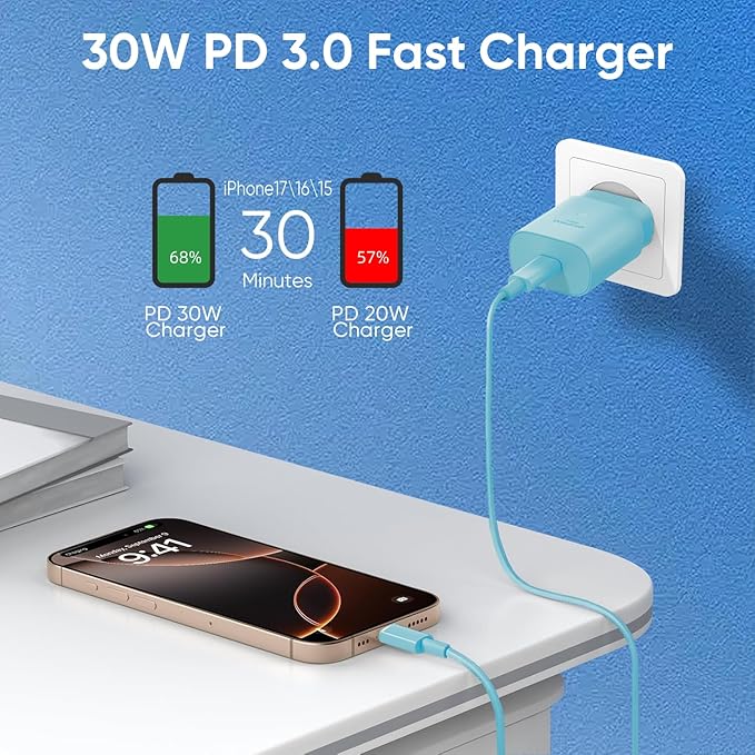 iPhone 16 15 Charger Fast Charging, 30W USB C Charger Block 10FT Cable for iPhone 15 16 Plus Pro Max/iPad Pro/AirPods, PD USBC Power Adapter Wall Plug with Extra Long Type C to C Cord (Blue, 10FT)