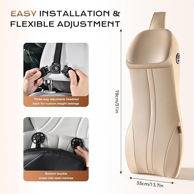 Coverado Upgraded Lumbar Support Headrest Pillow One Piece, Ergonomic Memory Foam Car Neck Pillow & Back Support with Adjustable Straps, Soft Leather Cushion for Back Neck Sciatica Pain Relief, Beige