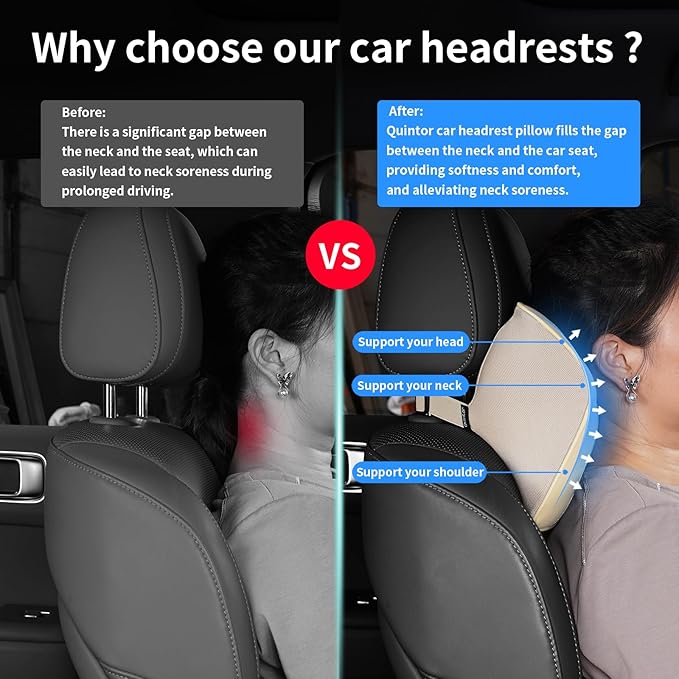 Quintor Genuine Leather Car Neck Pillow,Memory Foam Headrest Cushion, Ergonomic Cervical Support for Tesla Model 3/Y/X, Lexus, BMW- Breathable & All-Season Soft (2 PC)