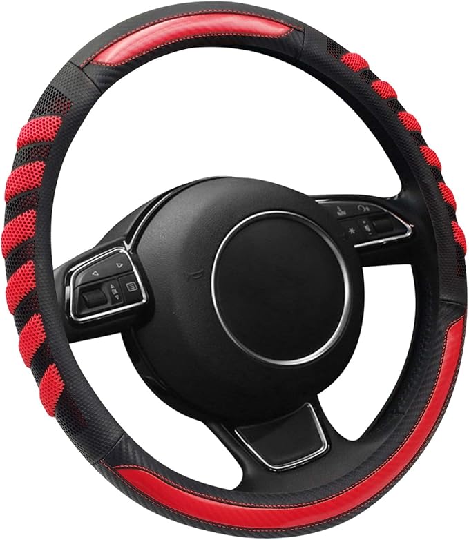 Sport Grip Style Dark Red Leather Steering Wheel Cover,Black ,Universal Fit 14.5-15.25 inch Steering Wheel