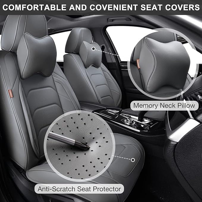 Gray Car Seat Covers Full Set, Breathable Leather Automotive Front and Rear Seat Covers & Headrest for Reduce The Driving Fatigue, Compatible with Most Vehicles, Cars