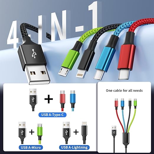 Dual Type-C 4 in 1 Multi Charging Cable [1Pack 5FT], Nylon 4 in 1 Charging Cable, Multi Chargers for All Devices with IP/Type C/Micro Port, Compatible with Most Cell Phones/Tablets and More