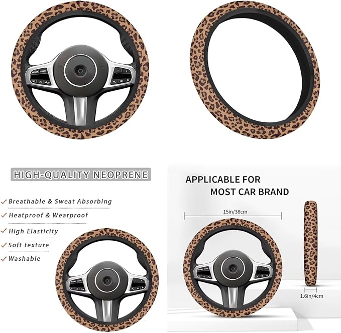 Leopard Print Car Steering Wheel Cover 6pcs Brown Cute Car Accessories Handbrake Cover Cup Coaster Suit for Most Cars Truck Vans SUV