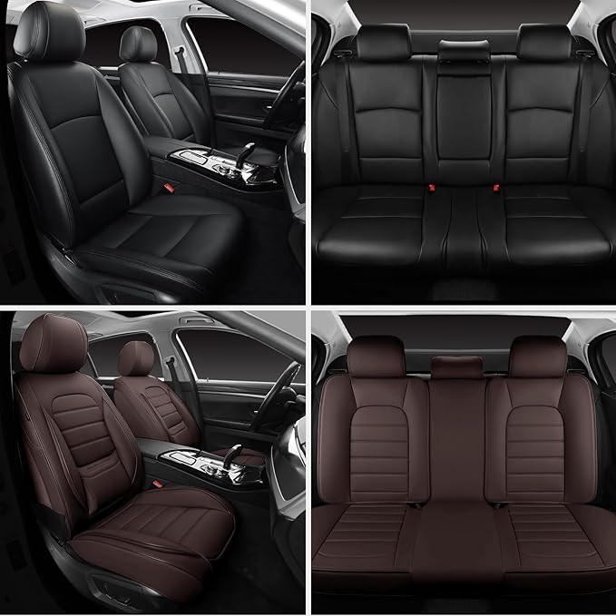 Brown Car Seat Covers Full Set, Universal Faux Leather Seat Covers for Cars 5 Seats, Waterproof Leather Car Seat Covers, Comfortable Automotive Seat Covers for Most Sedans Trucks SUVs