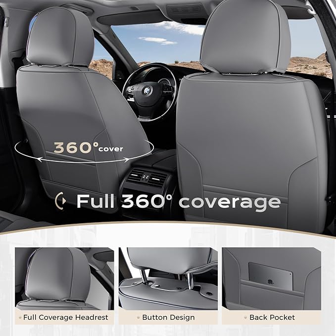 Coverado Car Seat Covers Full Set, Seat Covers for Cars, Car Seat Cover, Car Seat Protector, Leather Car Seat Cushion, Waterproof Car Seat Covers Front Seats and Back Fit for Most Cars(Gray&White)