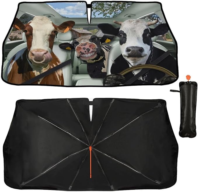 Socira Cow Car Windshield Sunshade Umbrella Foldable Cattle Umbrella Driver Sun Shade Windshield Cover Funny Sunshade Cow Car Accessories Blocks Uv Rays Keeps Cool (57" X 30")