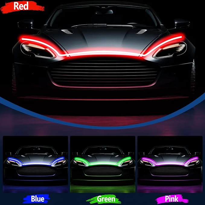 59 Inches RGB Multi-Color Dynamic Scanning Starter Hood Lights, Car LED Hood Light Strip, Exterior Flexible Headlight Waterproof Daytime Running Lamps Strips (1 Set)