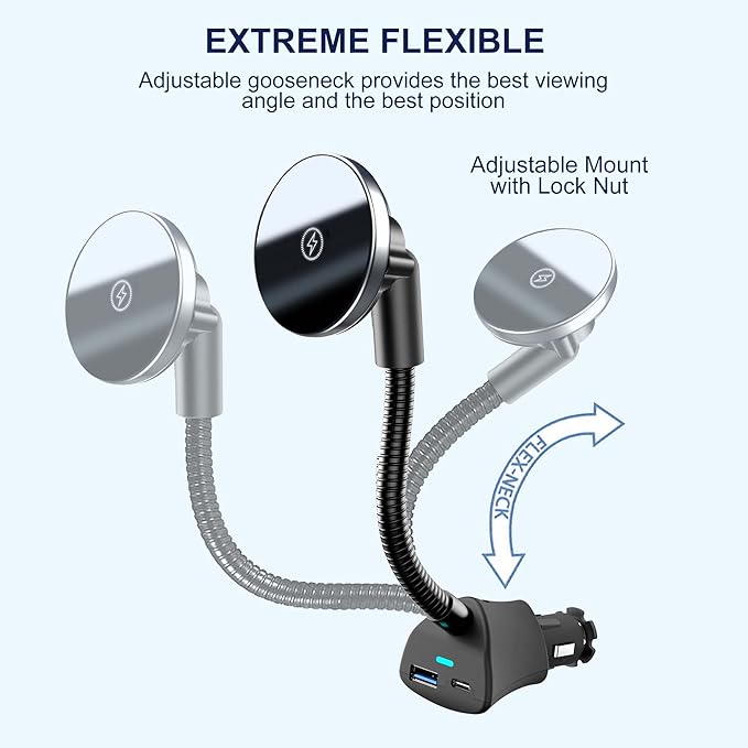 for Mag-Safe Car Mount Charger 15W iPhone Wireless Car Cigarette Lighter Phone Charger, Cigarette Lighter Phone Mount with Dual Port PD&QC3.0 Fast Charging for iPhone 17 16 15 Pro Plus Max 14 13 12