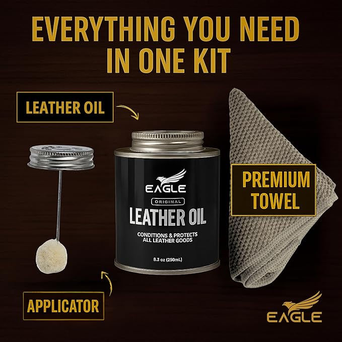 Leather Oil Conditioner with Applicator & Cloth – All-Natural Deep Conditioning Oil for Saddles, Furniture, Bags, Belts & Leather Gear – 8.45oz Restorative Oil for Dry, Cracked Leather