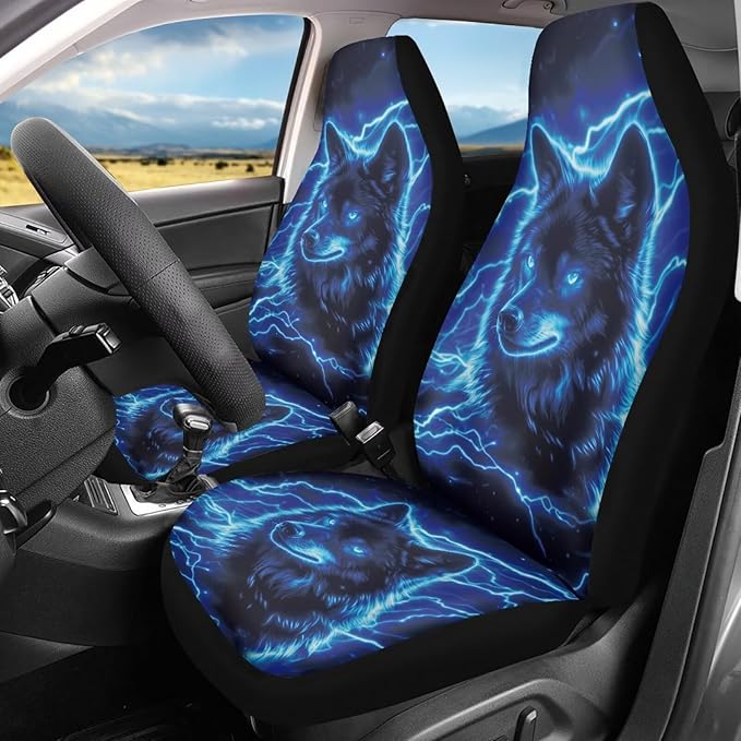 Cool Wolf Car Seat Covers 2 Pcs Stretch Polyester Fabric Cover Breathable Car Seat Cover Easy Installation Universal Size Fit for Most Cars SUVs