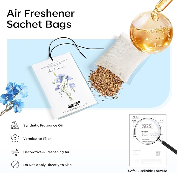 MYARO 12 Pack Fresh Linen Scented Sachets for Drawer, Closet & Car Air Freshener Bags | Odor Eliminator & Fabric Refresher | Crisp, Clean Home Fragrance Gift Set